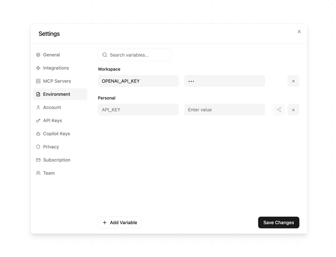 Variables à portée d'espace de travail dans la liste des variables d'environnement
